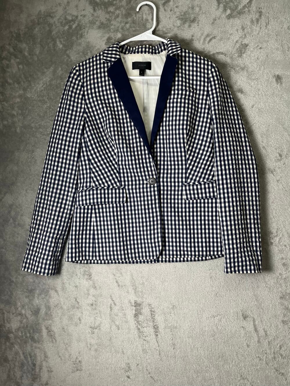 J.Crew Puckered Gingham Blazer Navy White Cotton 1-Button Blazer Jacket Size 6